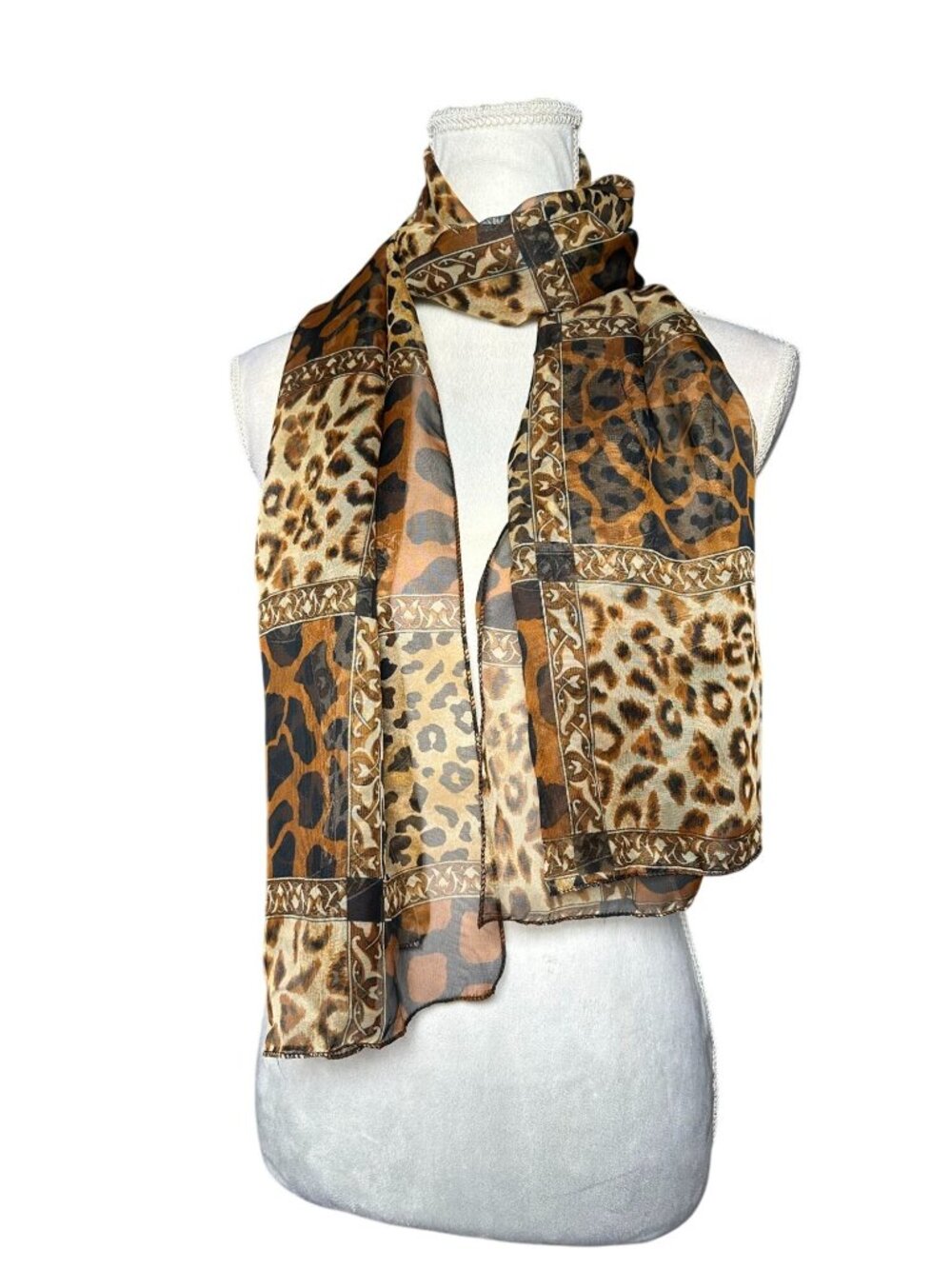 Animal Print Vintage Sheer Scarf With Leopard & Cheetah Patterns - 60" X 18"